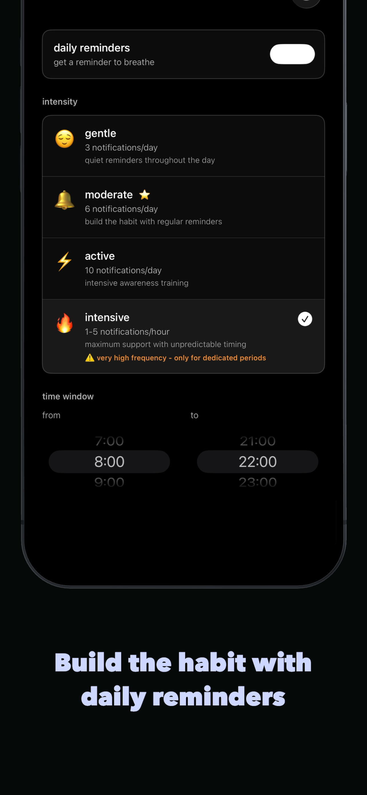 Daily reminder settings with customizable intensity