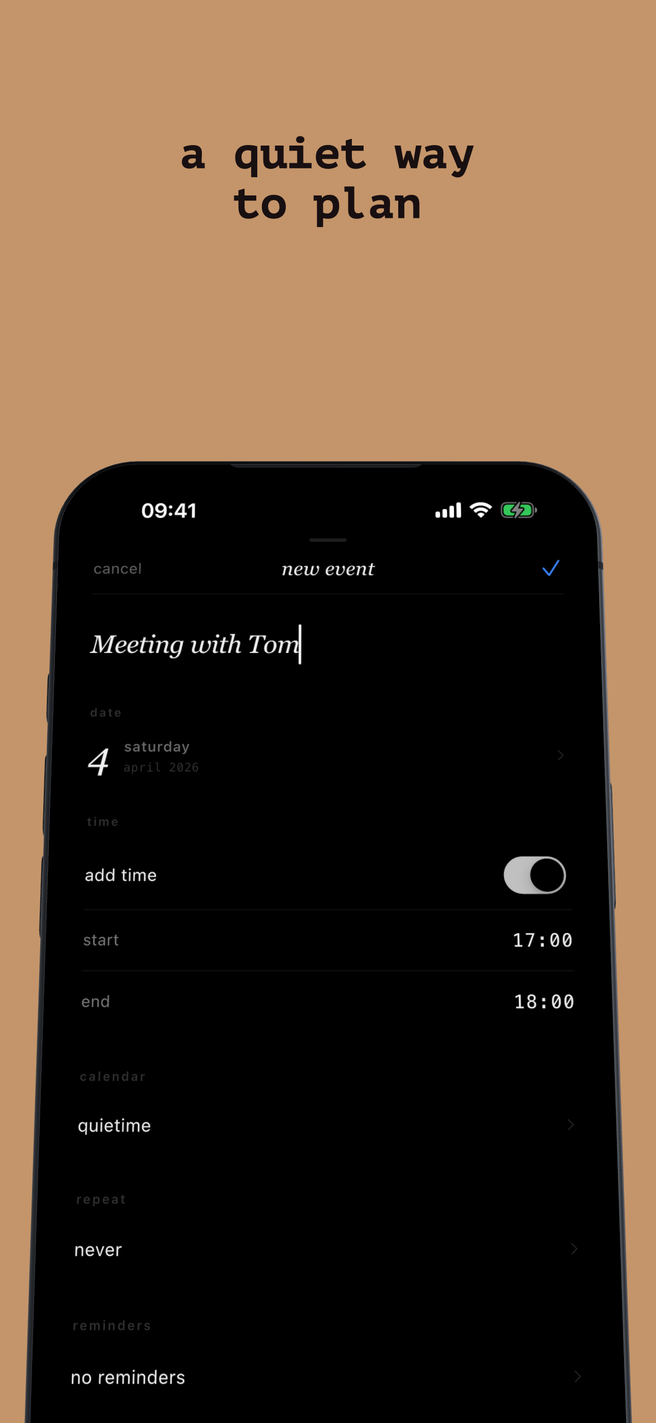 Quietime new event form with date, time, color, and reminder options